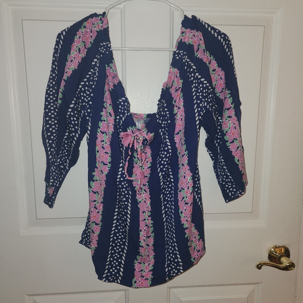 Southern Tide Navy and Pink Striped Floral Blouse